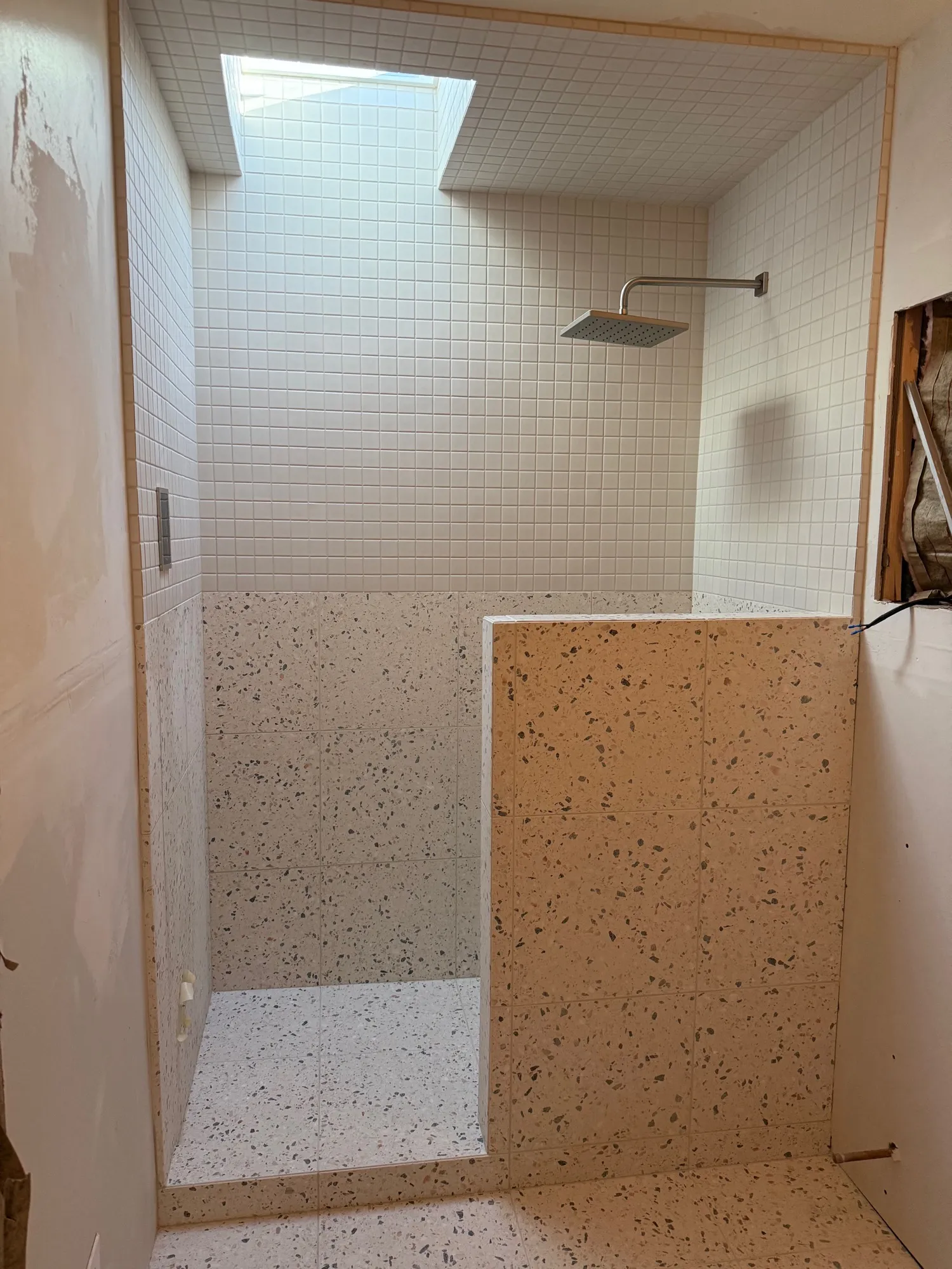 Walk-in shower with white square mosaic and terrazzo tile walls